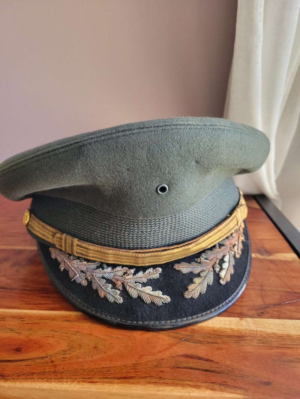 Green wool military dress uniform hat Kingform Art Cap gold oak leaves rim NY